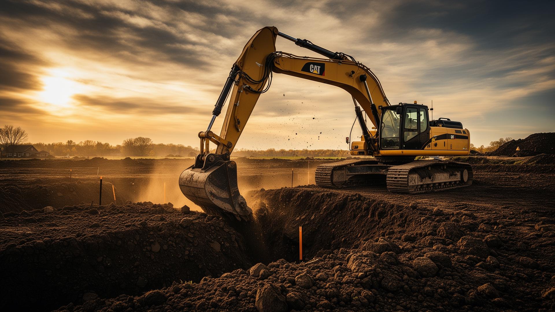 Excavator digging foundation at sunset